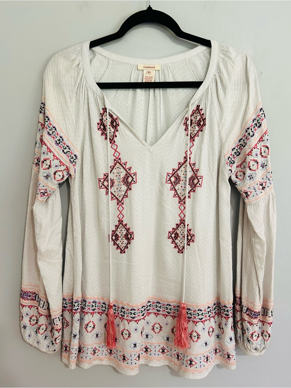 Sundance XS Embroidered Boho Peasant Tunic Top Tassel Tie White Pink Rayon